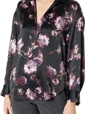 Vince Women's Night Garden Popover 100% Silk Blouse Top Black Purple size Medium